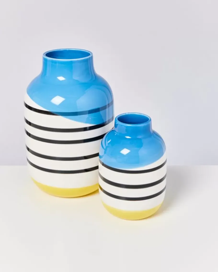 Fashion Nuno Vase M Schwarz-Weis Gestreift Mit Blau Vasen